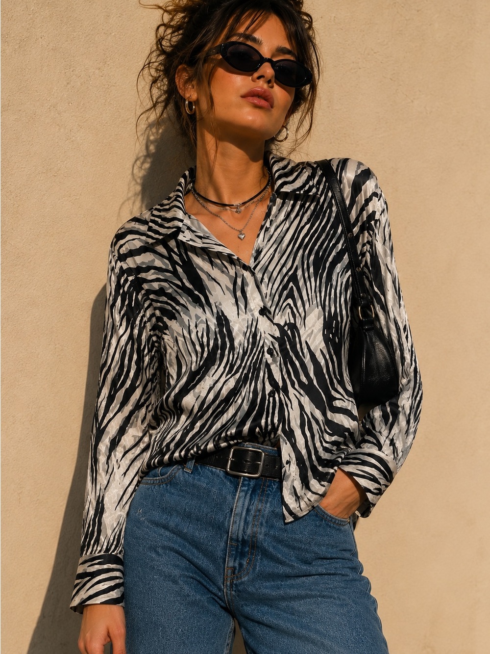 90s Zebra Print Satin Blouse Animal Print Button Up Shirt